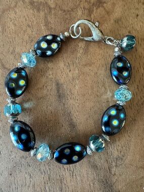 Black & Aqua Glass Bead Bracelet with Polka Dot Accents